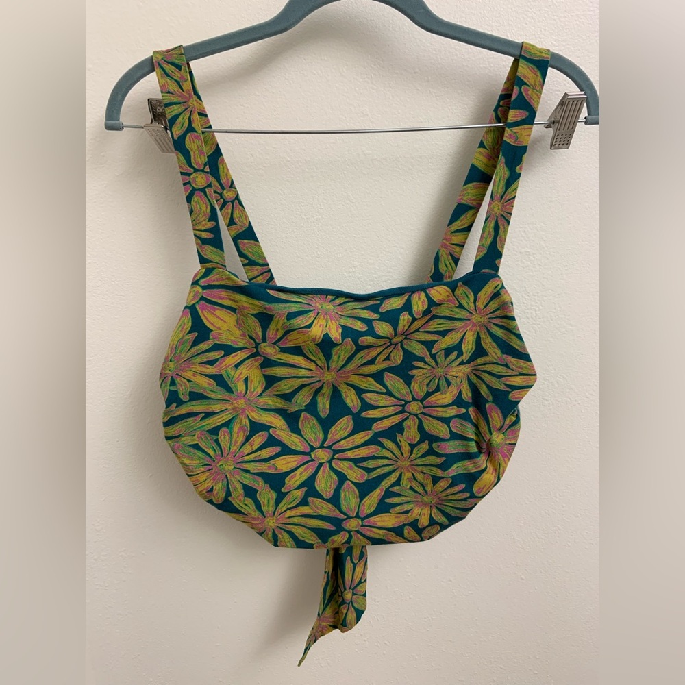 Free People Floral Tie Back Crop Top Tank Top Medium Green Pink Boho Sleevless